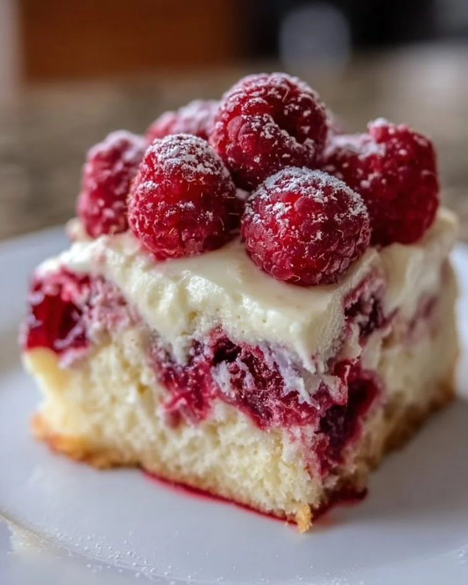 White Chocolate Raspberry Poke Cake topped with fresh raspberries and whipped cream