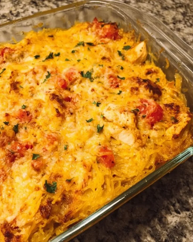 Whole30 Rotel Chicken Casserole with spaghetti squash in a baking dish.