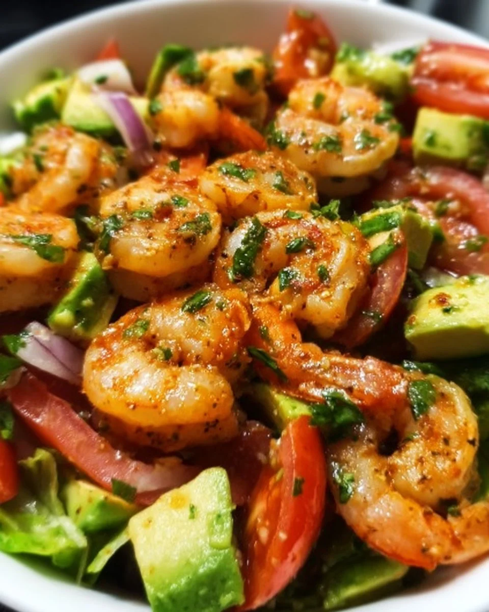 Zesty lime shrimp and avocado salad served in a bowl with fresh ingredients.