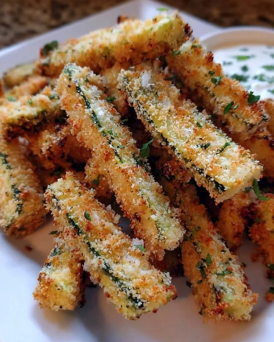 Crispy zucchini fries served with a dipping sauce on a plate