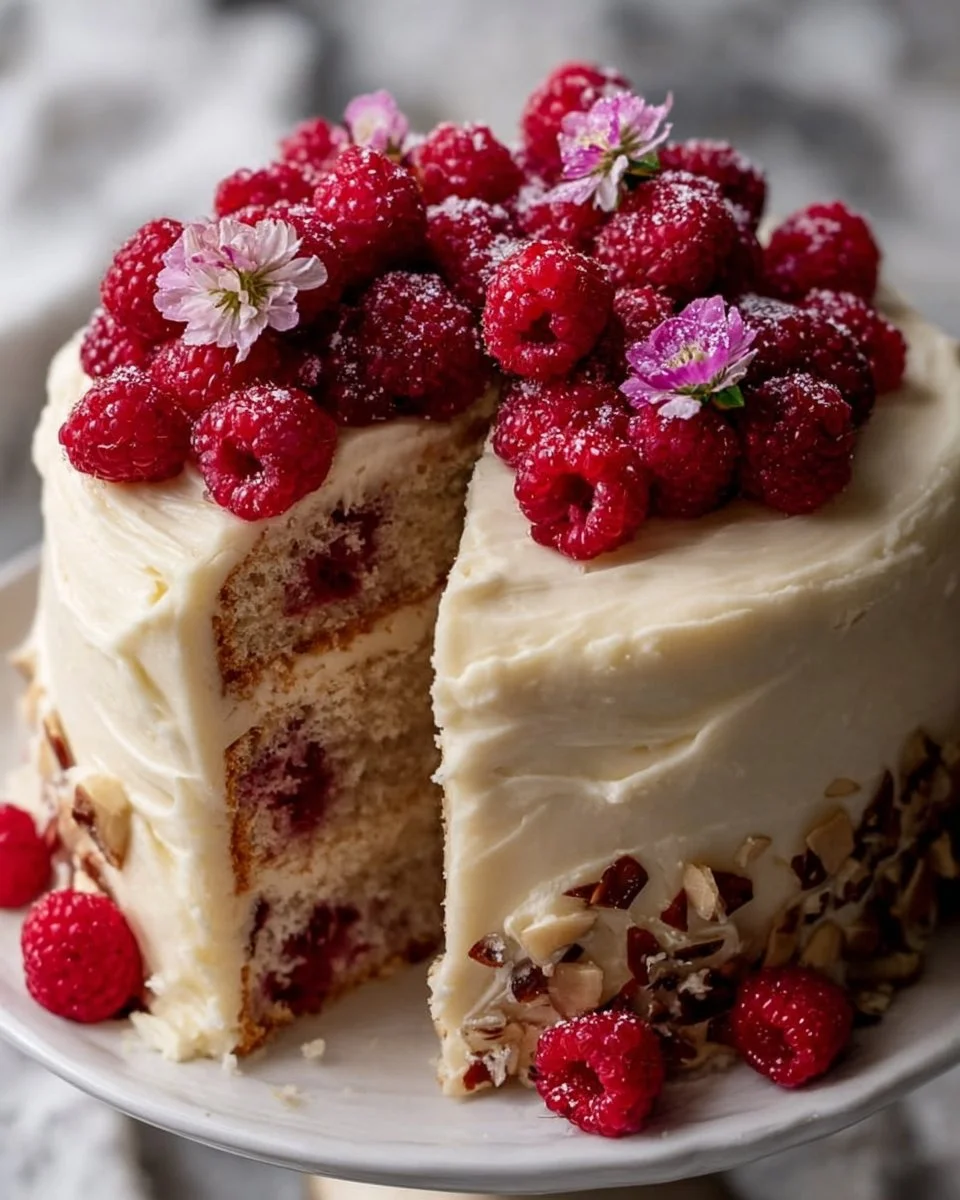 1 Bowl Vegan Almond Raspberry Cake with Cream Cheese Frosting on a dessert plate