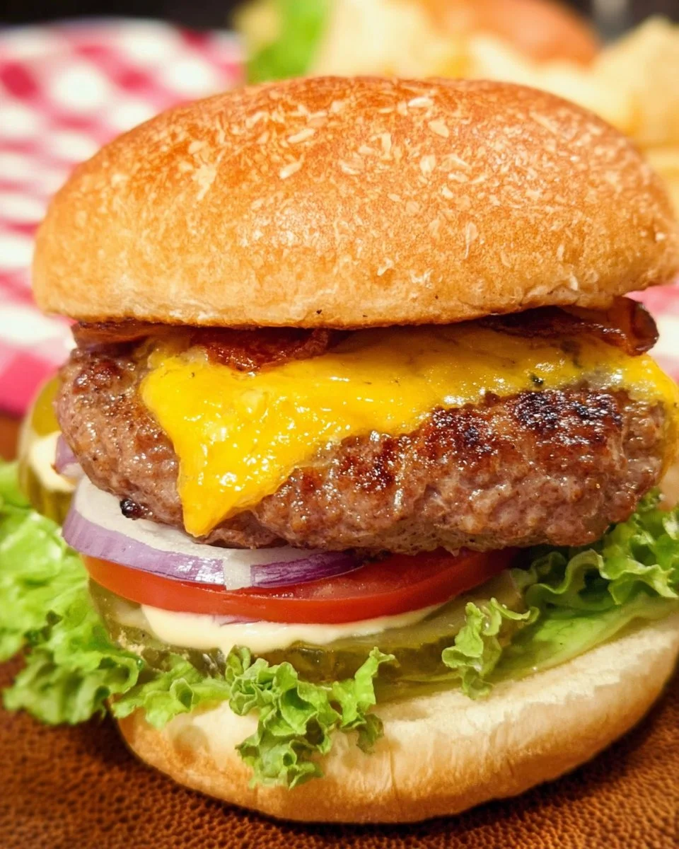 Juicy air fryer hamburgers ready to be served with fresh toppings and sides.