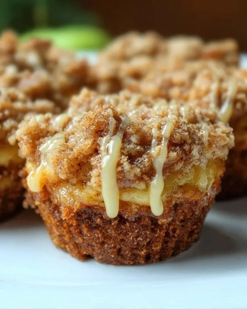 Delicious Apple Crisp Mini Cheesecakes topped with spiced apple crumble