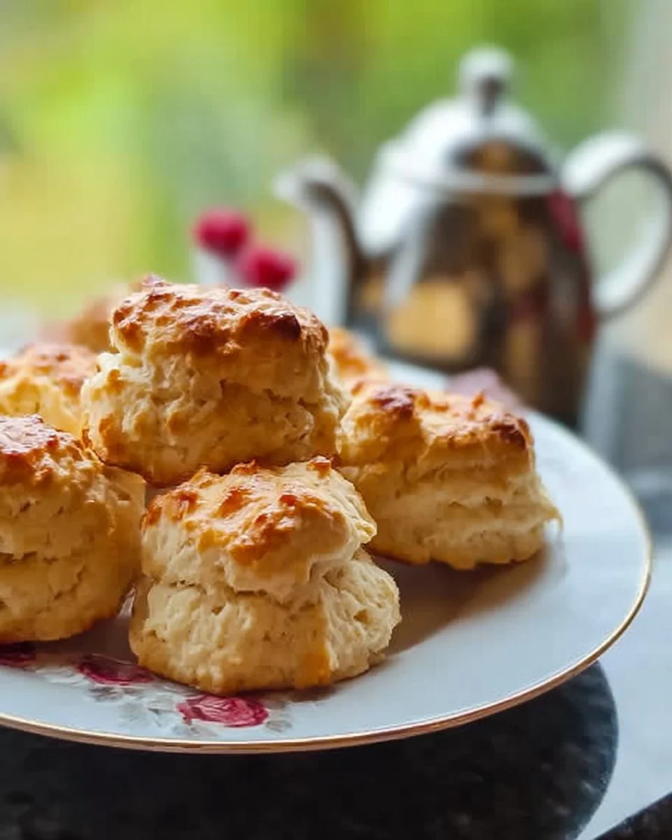 A plate of freshly baked authentic English scones with jam and cream.