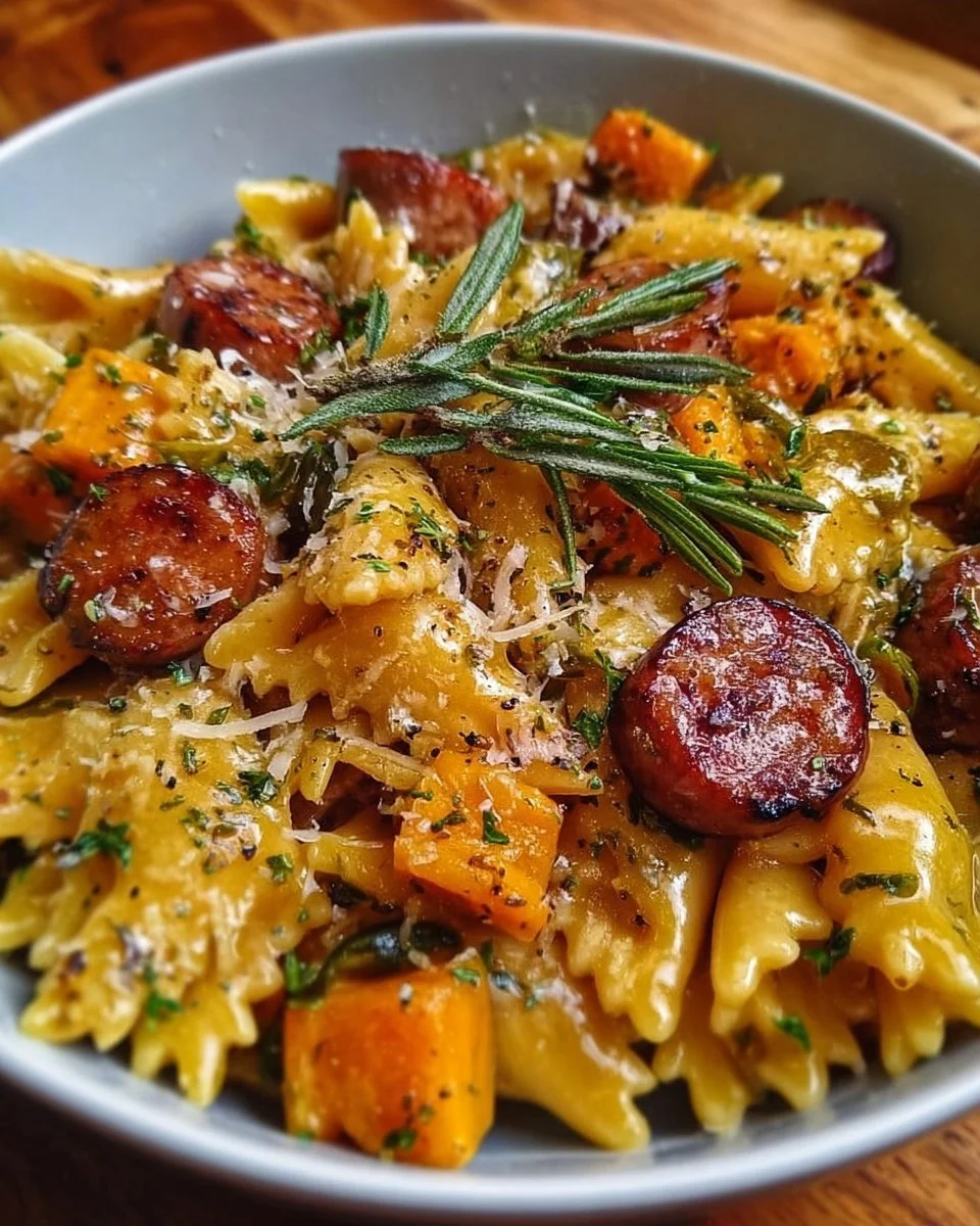Delicious autumn chicken sausage pasta squash served in a bowl