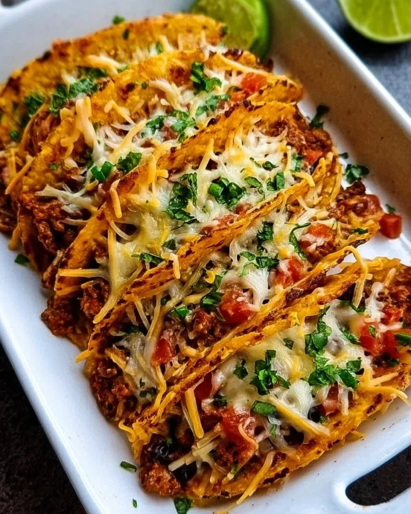 Plate of delicious baked tacos filled with cheese, meat, and fresh toppings