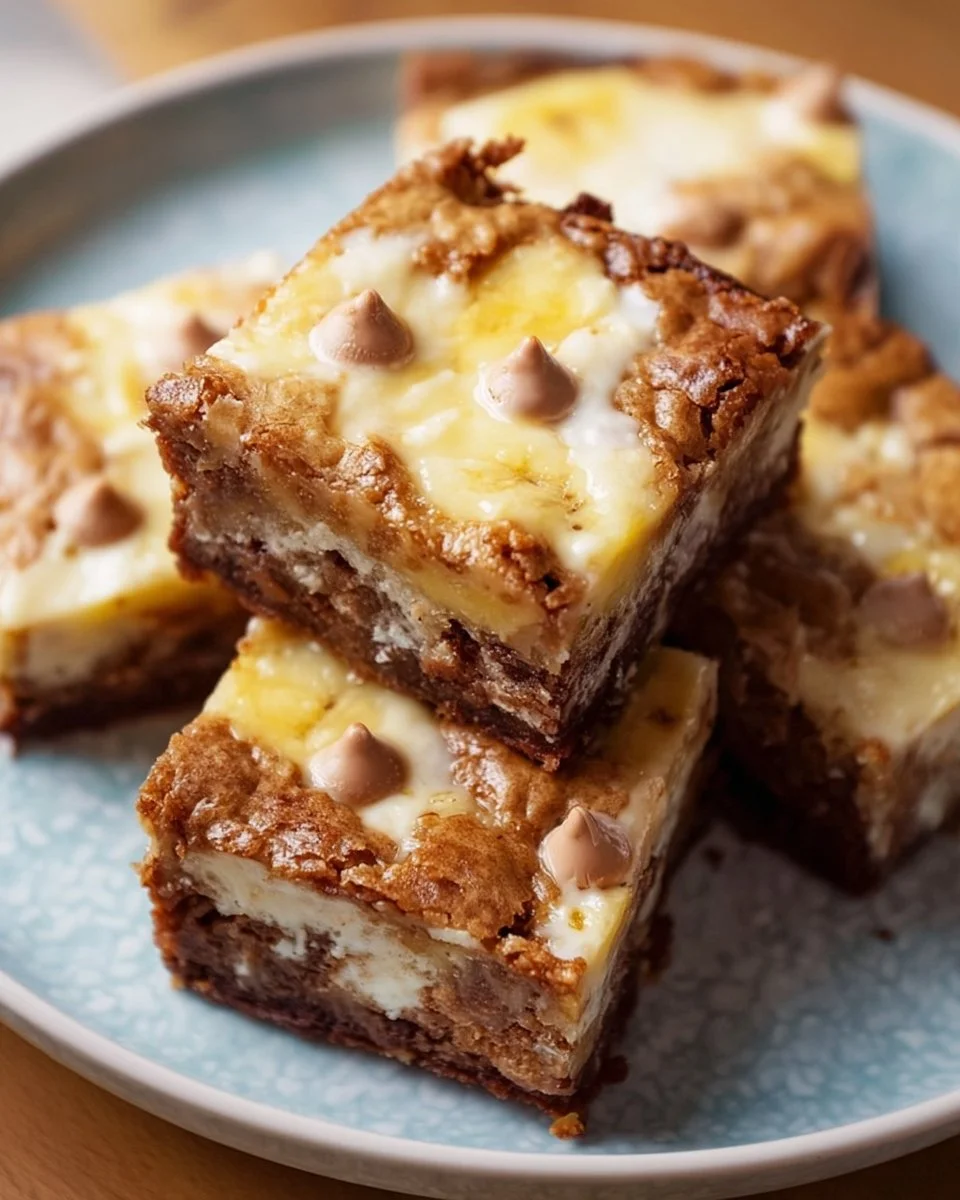 Delicious banana pudding brownies served on a plate with banana slices.