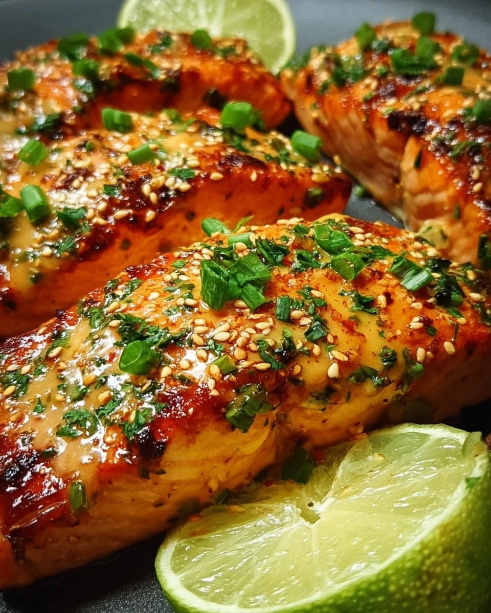 Delicious Bang Bang Salmon garnished with herbs and spices.