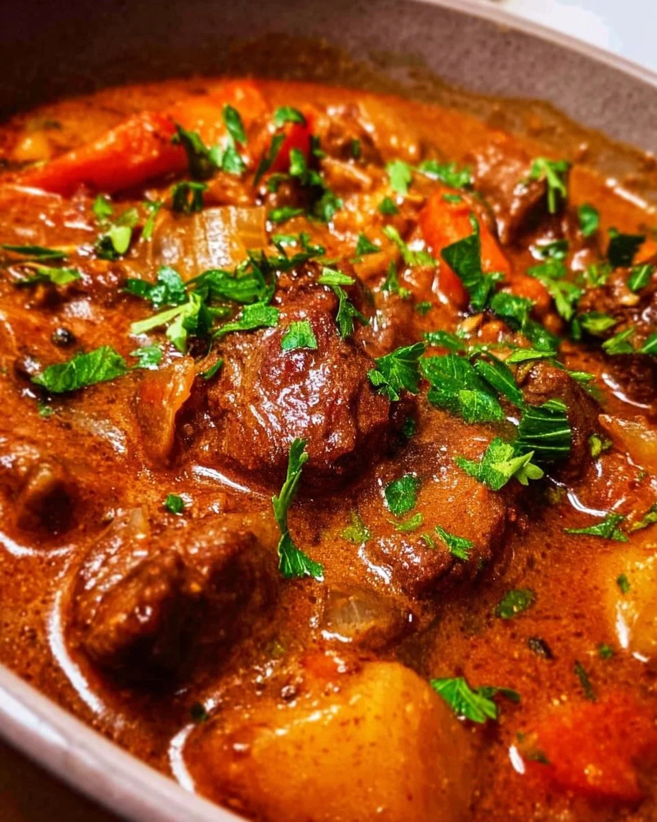 A warm bowl of homemade beef stew with vegetables and herbs