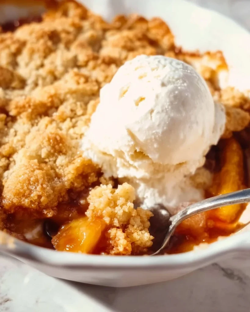 Delicious homemade peach cobbler in a baking dish with golden crust