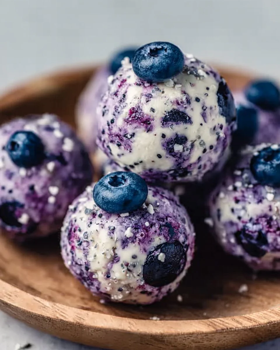 Delicious blueberry cheesecake protein bites on a plate