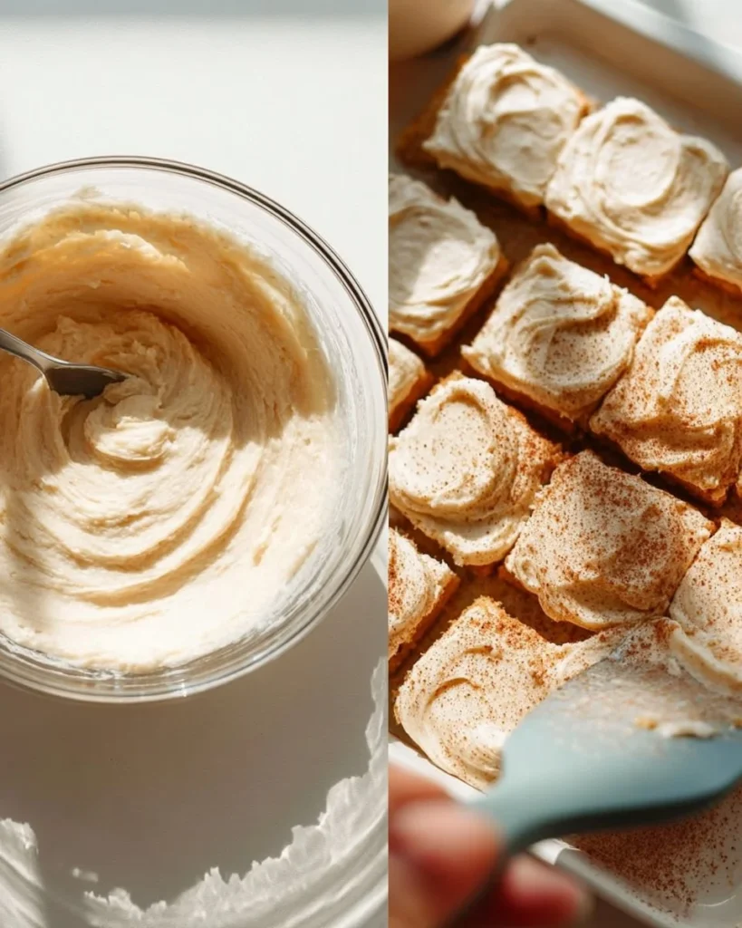 Brown butter cream cheese frosting swirling on a chocolate cake