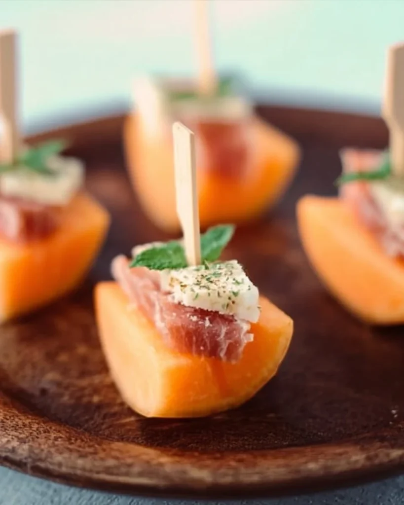 Cantaloupe and Cheese appetizer on a platter with fresh herbs