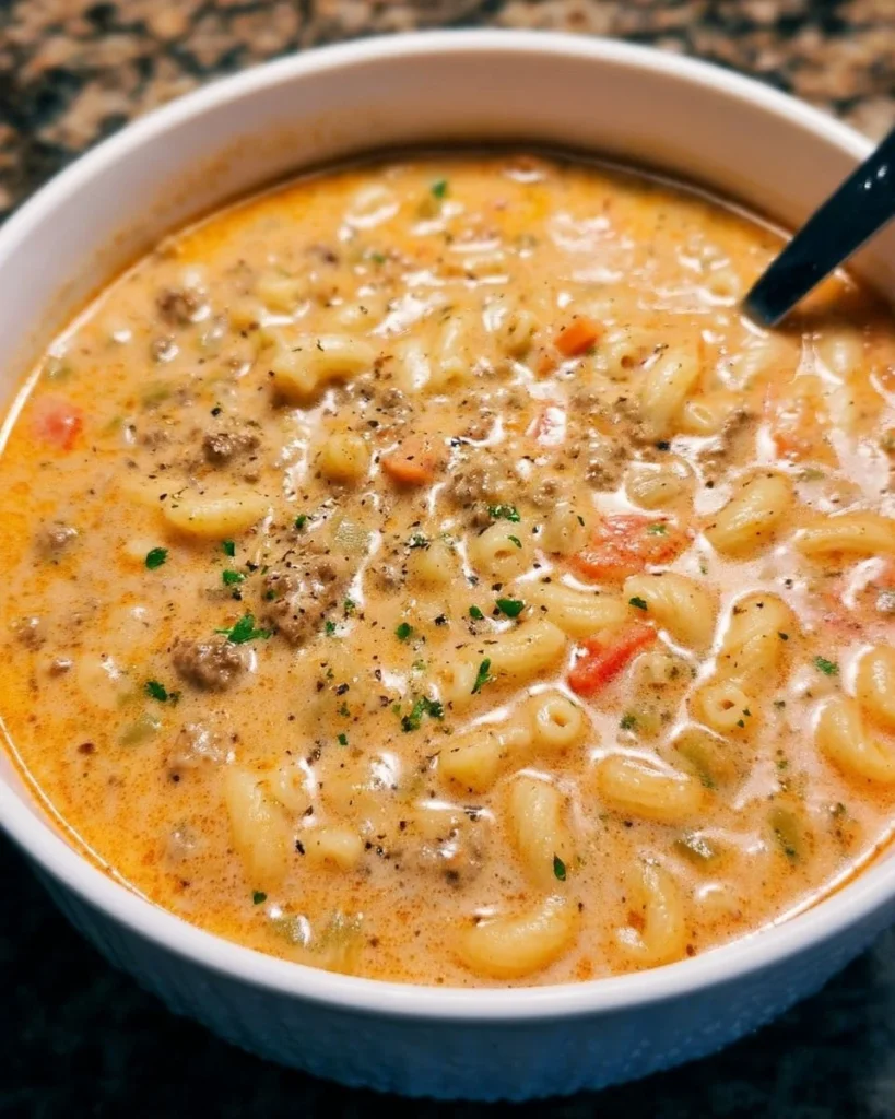 Bowl of Cheeseburger Macaroni Soup garnished with cheese and herbs