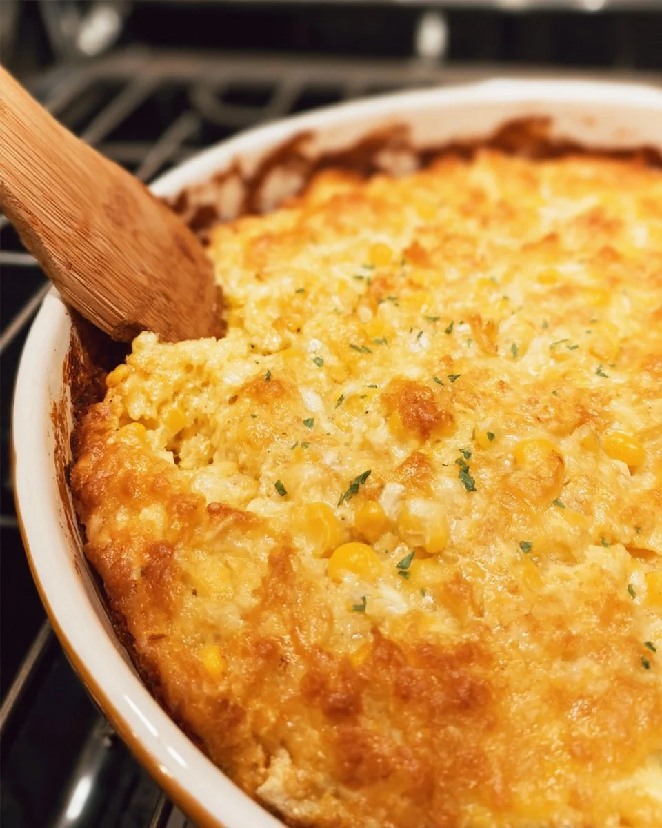 Delicious cheesy corn casserole baked to perfection, ideal for gatherings.