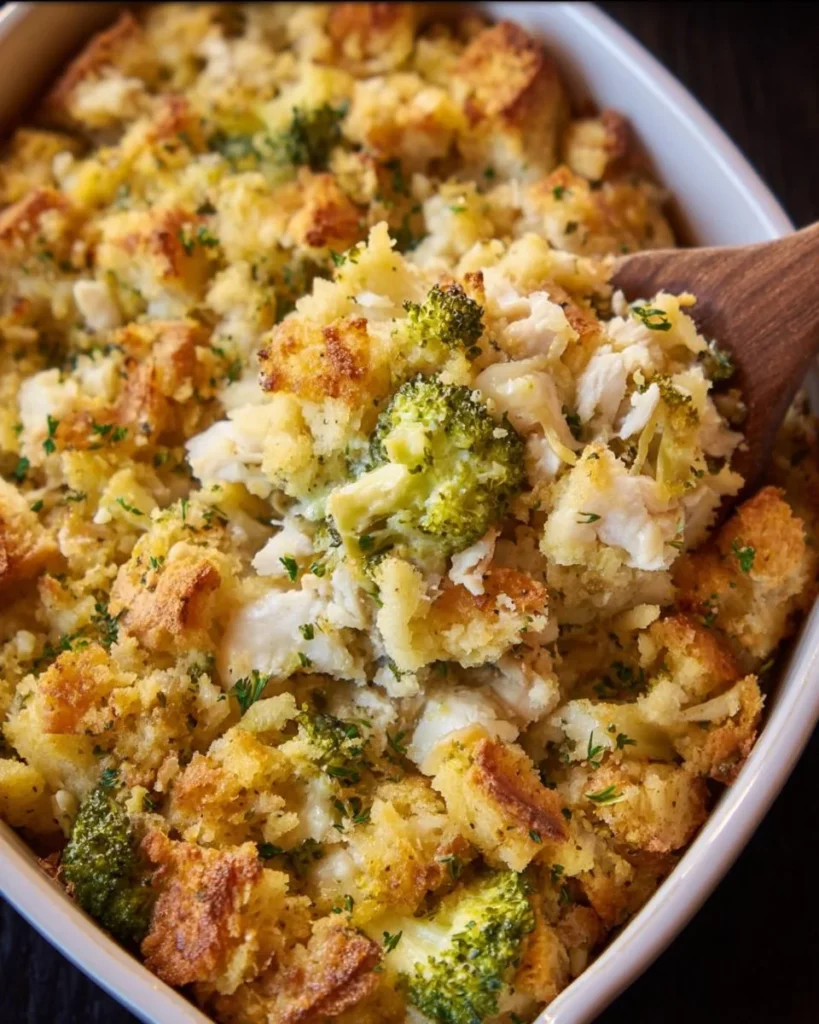 Chicken and Broccoli Stuffing Casserole baked until golden brown.