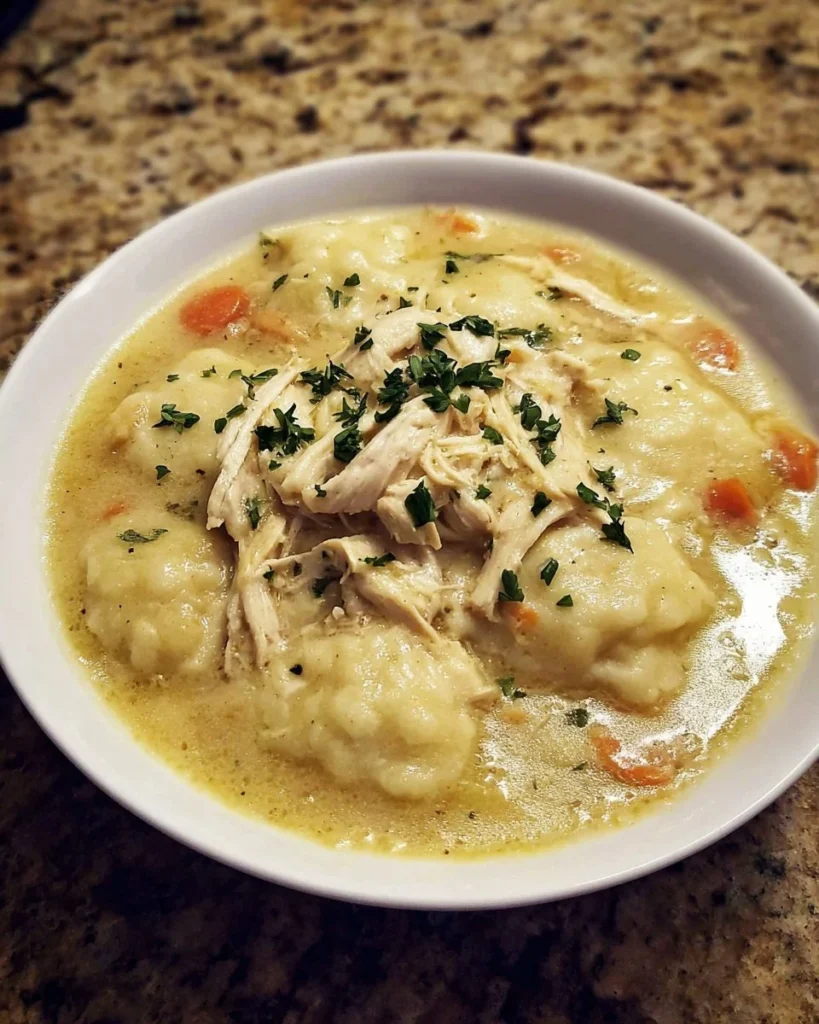 Bowl of homemade Chicken and Dumplings with herbs and vegetables.
