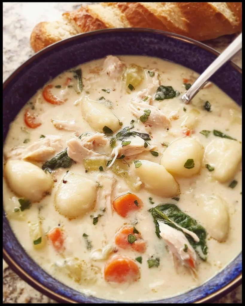 Delicious bowl of Chicken Gnocchi Soup with vegetables and herbs