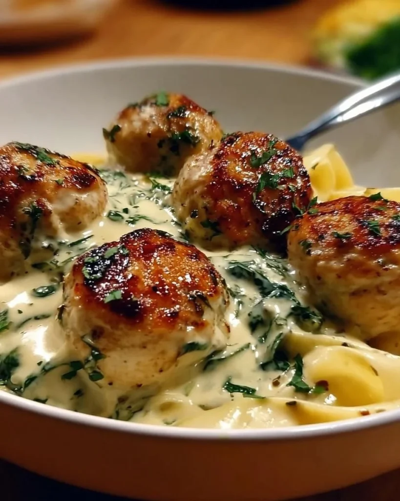 Plate of Chicken Ricotta Meatballs with Spinach Alfredo Sauce