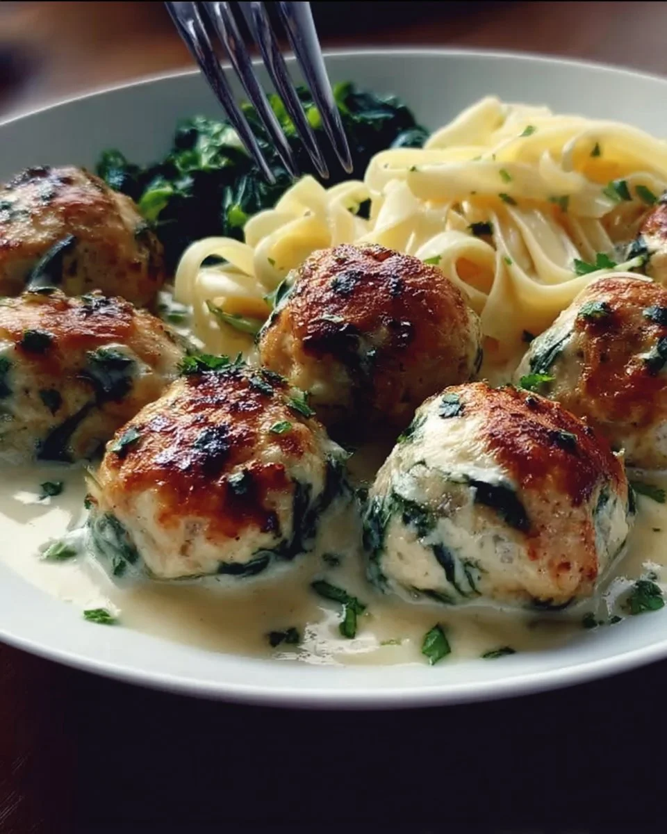 Chicken Ricotta Meatballs with Spinach Alfredo Sauce