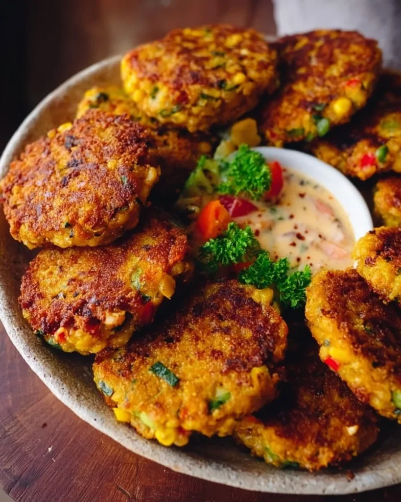 Chickpea fritters with veggies served on a plate