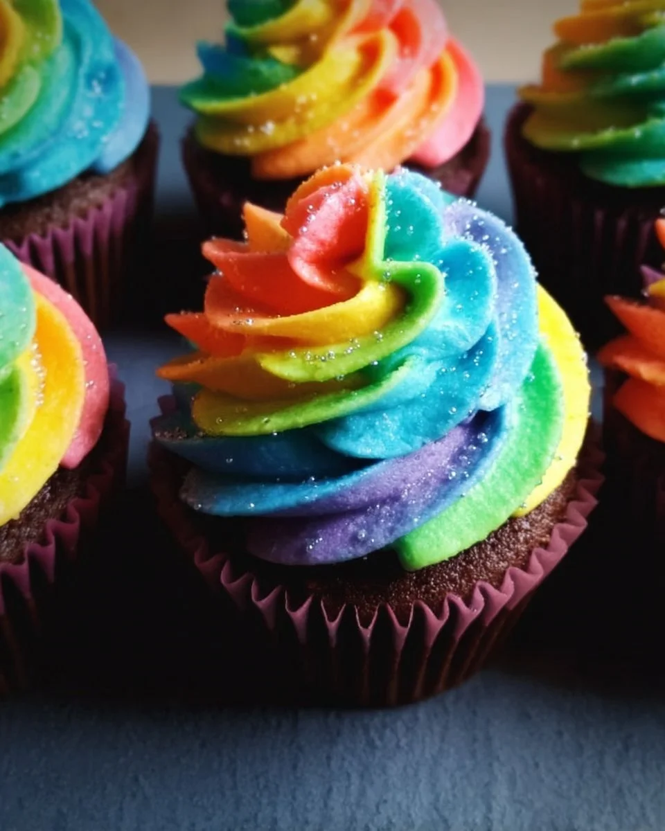Chocolate cupcakes with colorful rainbow buttercream frosting