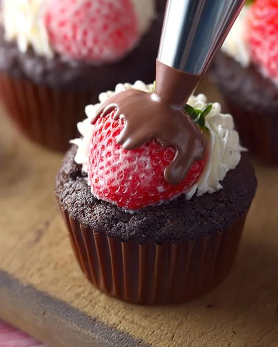 Chocolate dipped strawberry cupcakes topped with fresh strawberries and chocolate.