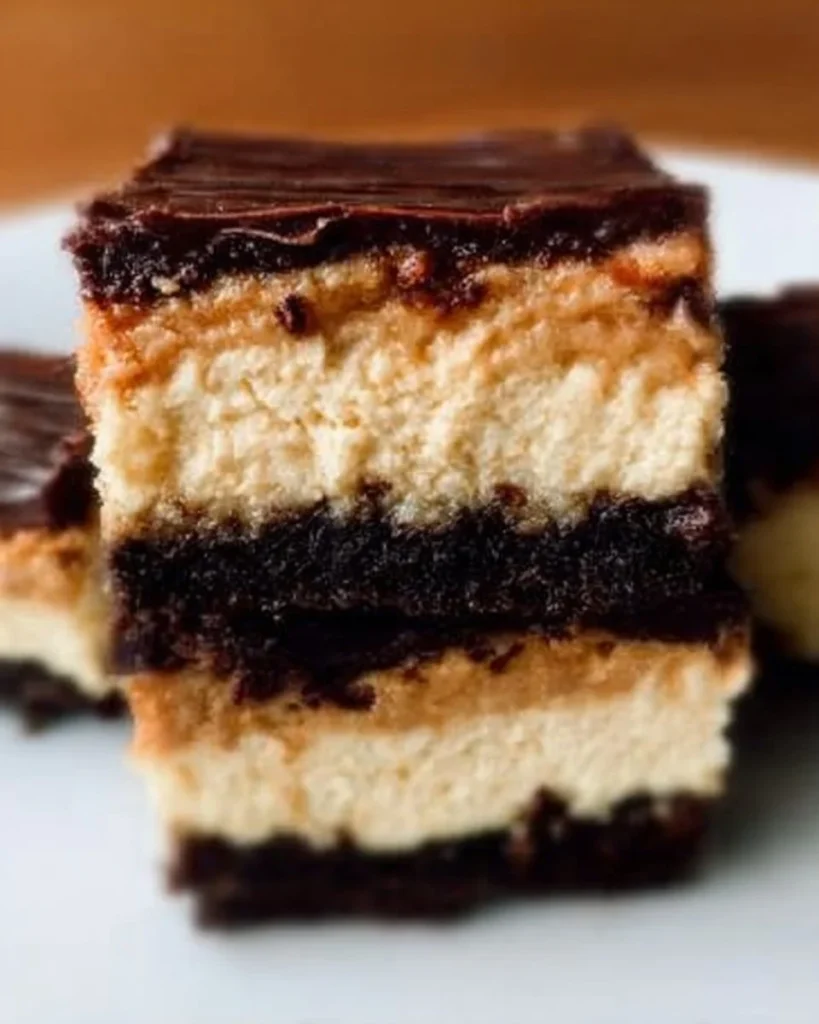 Chocolate peanut butter cheesecake bars with a creamy texture and rich flavor.