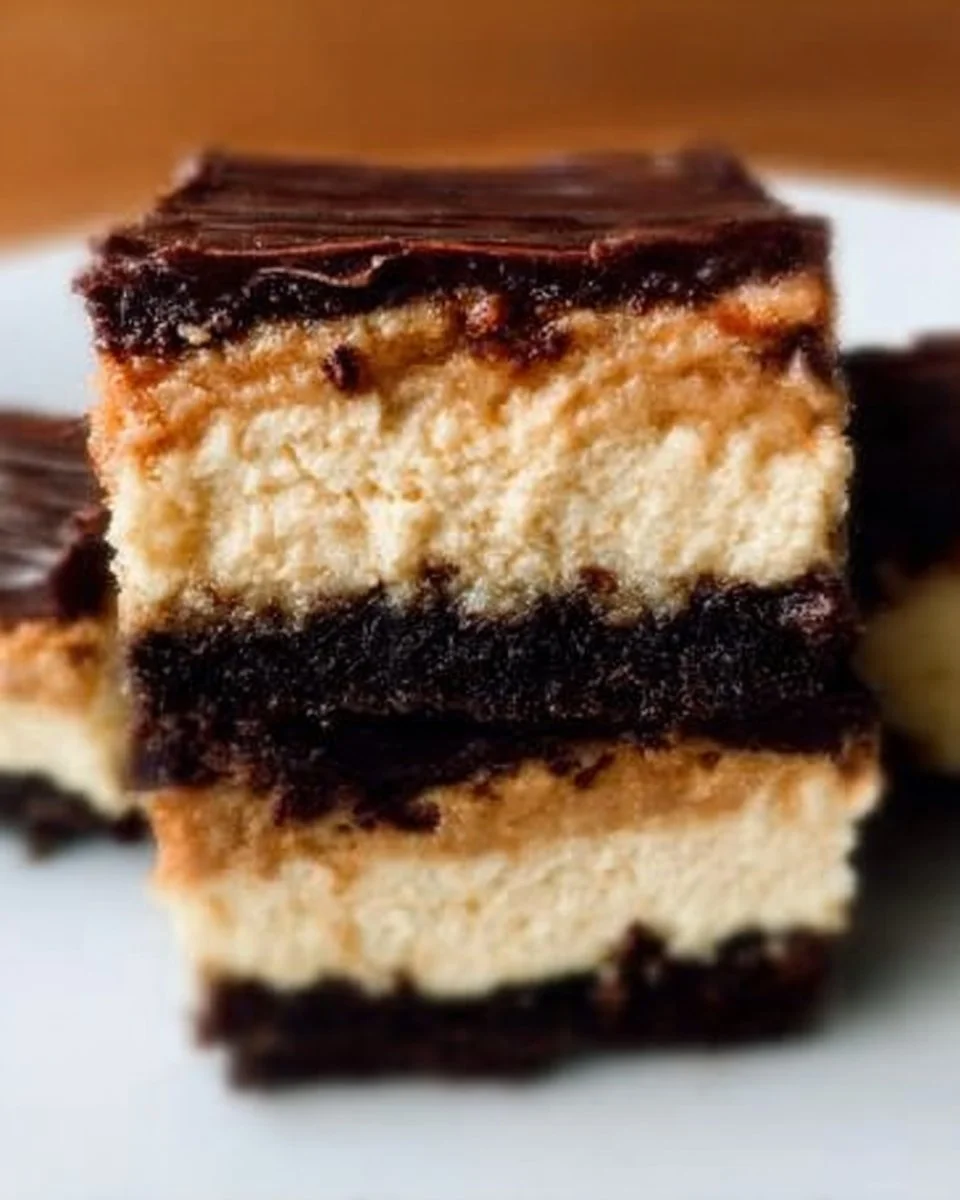 Chocolate peanut butter cheesecake bars with a creamy texture and rich flavor.