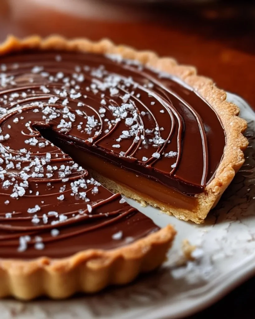 Decadent chocolate tart topped with salted caramel drizzle on a rustic plate