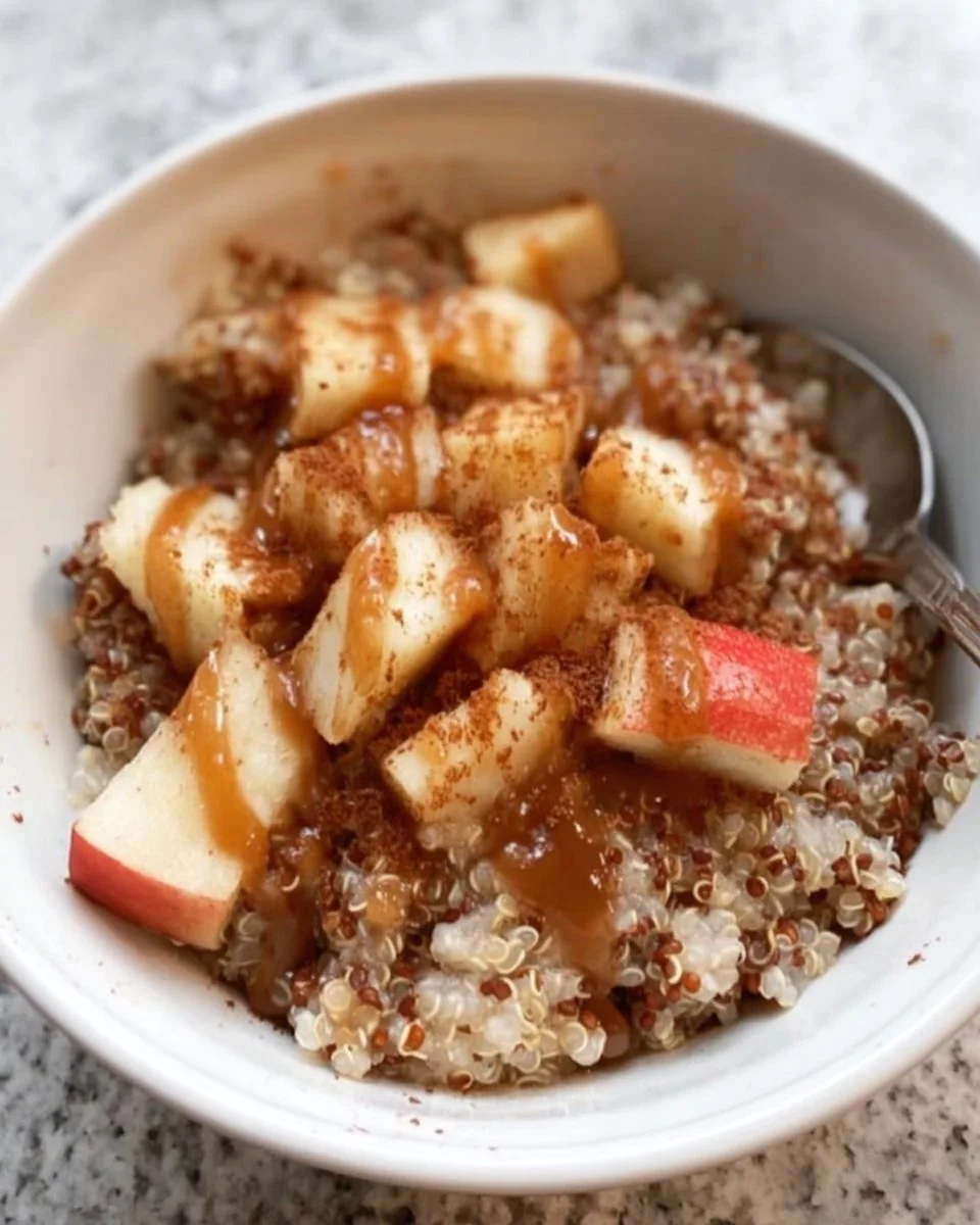 Bowl of Cinnamon Apple Breakfast Quinoa topped with apple slices and cinnamon