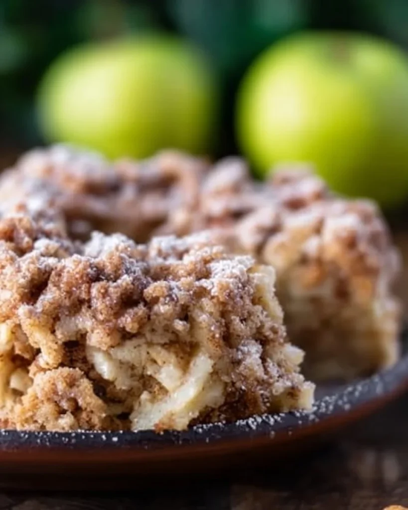 Slice of cinnamon apple crumb cake on a plate with a crumb topping