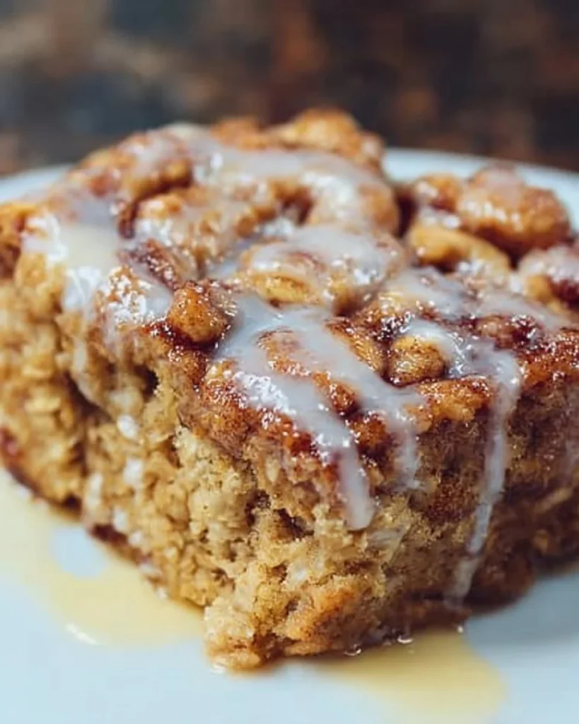 Baked cinnamon roll oatmeal topped with icing, served in a dish.