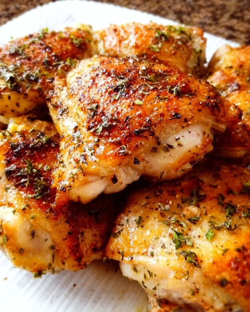 Classic baked chicken pieces served on a plate with herbs and spices.