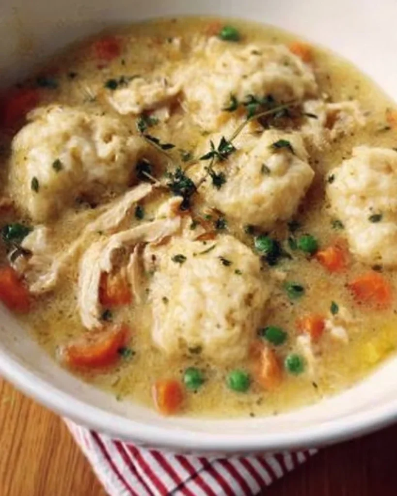 Delicious bowl of classic chicken and dumplings with fresh herbs