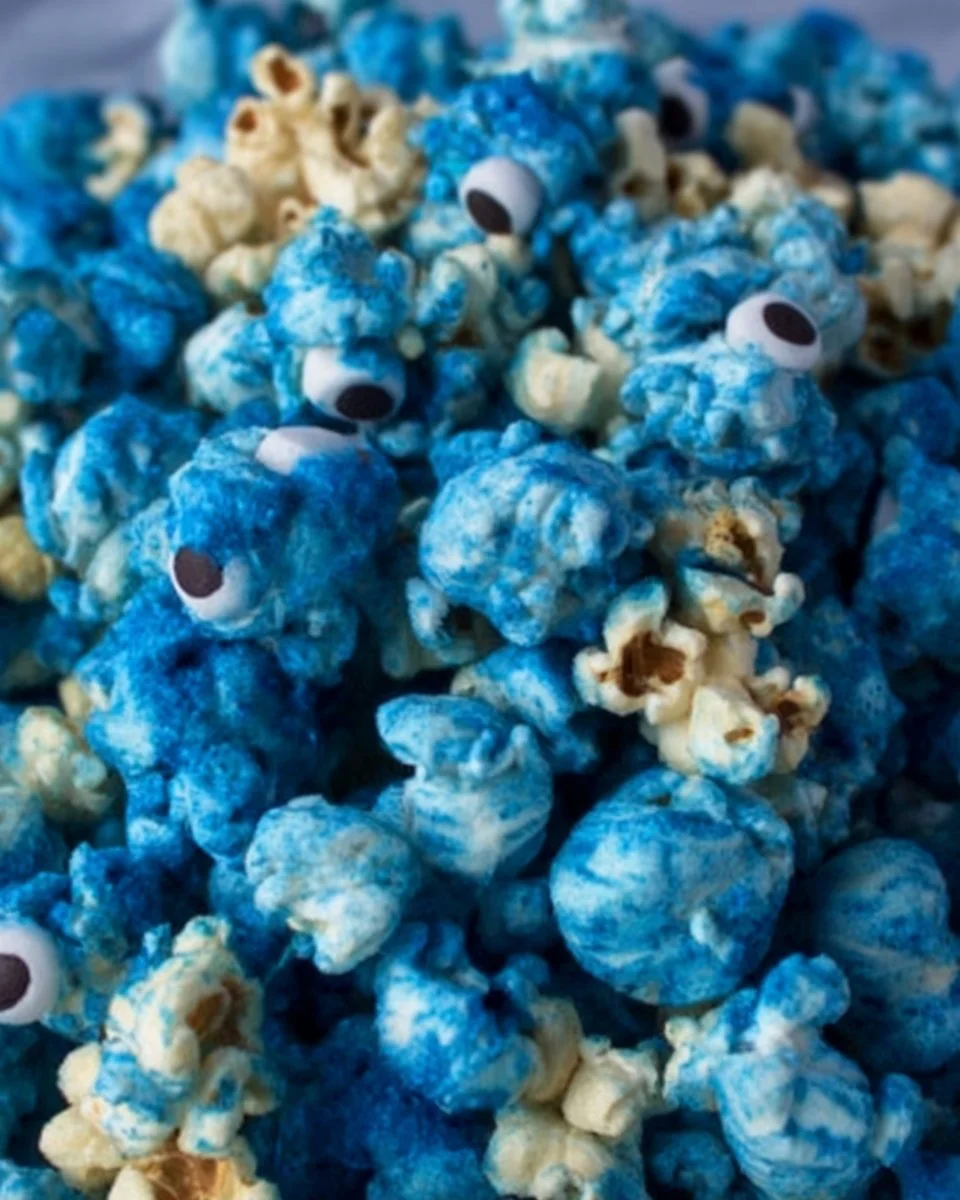 Colorful Cookie Monster popcorn in a bowl, a fun snack treat.