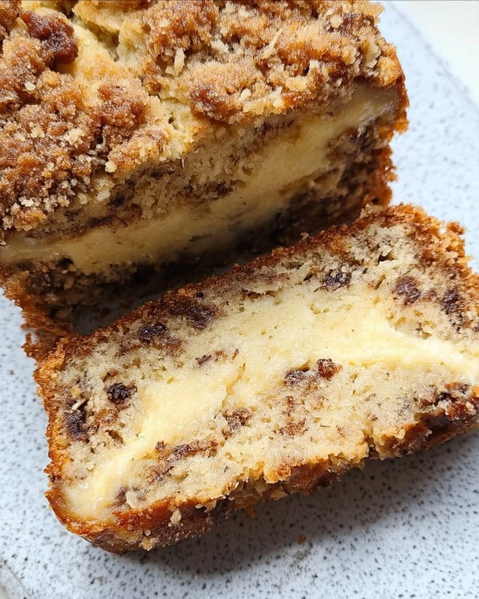 Delicious cream cheese banana bread topped with a crumb topping on a wooden table