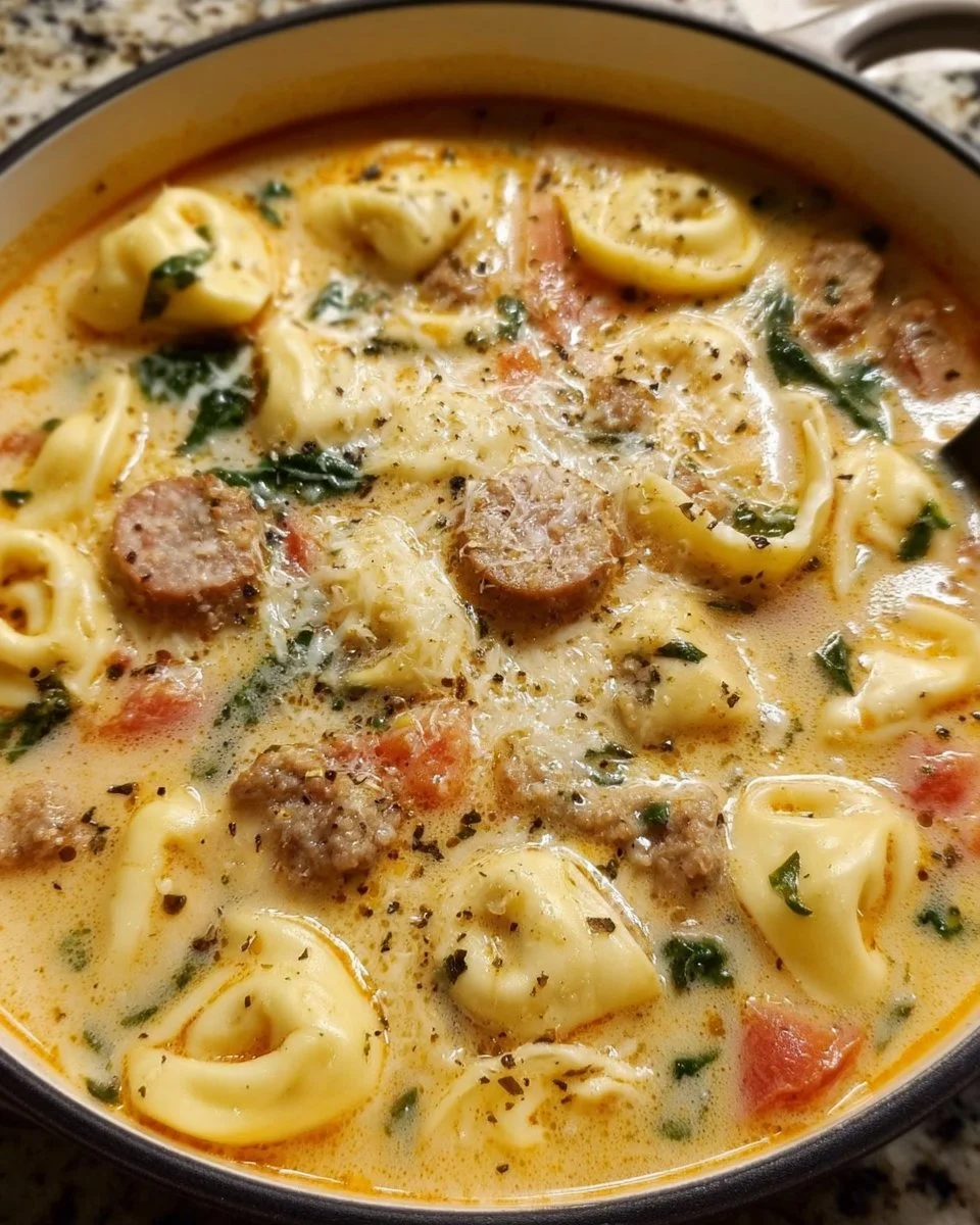 Bowl of creamy beef sausage tortellini soup garnished with herbs
