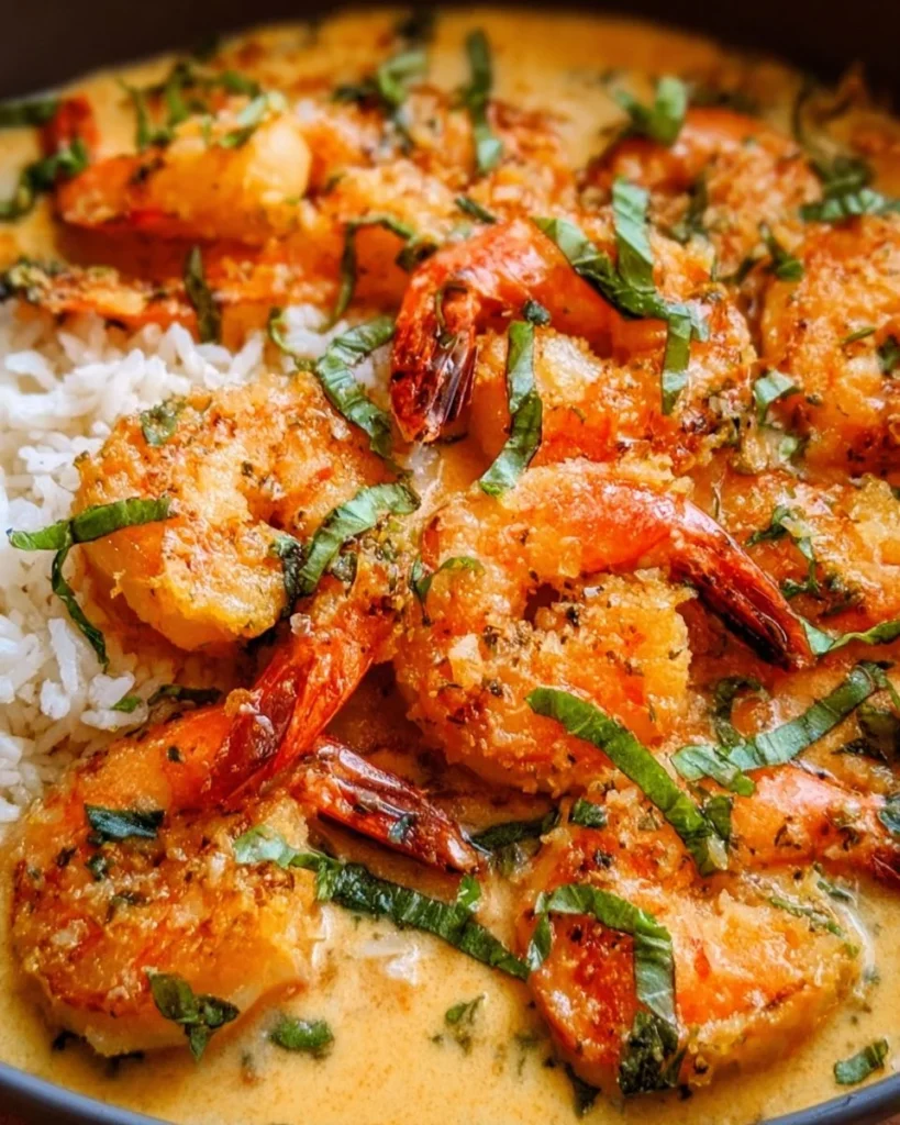 Creamy coconut shrimp served on a white plate with garnishes