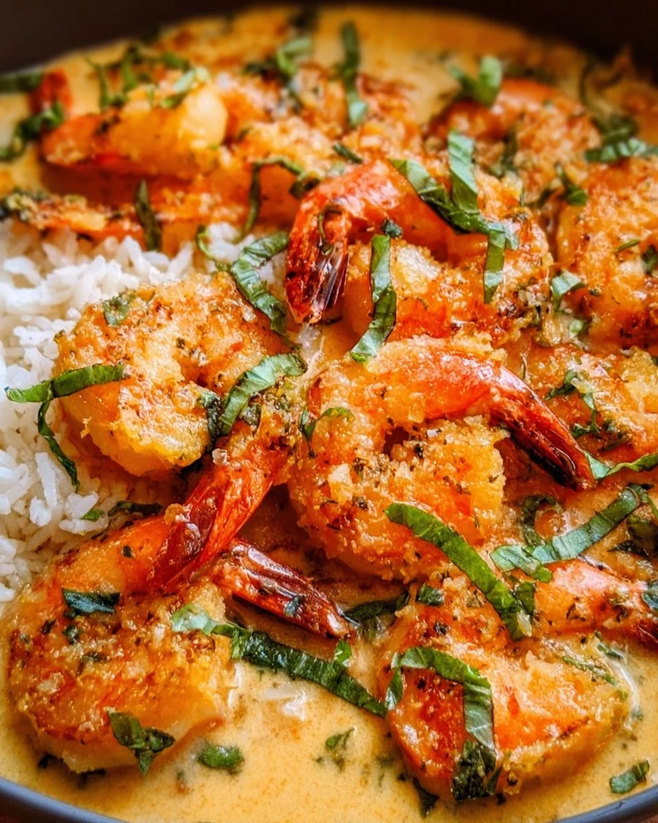 Creamy coconut shrimp served on a white plate with garnishes