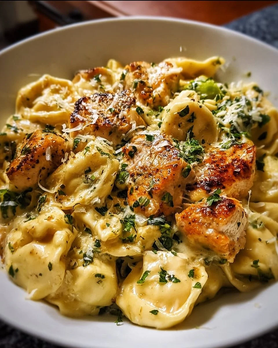 Creamy garlic parmesan chicken tortellini served in a bowl with fresh herbs