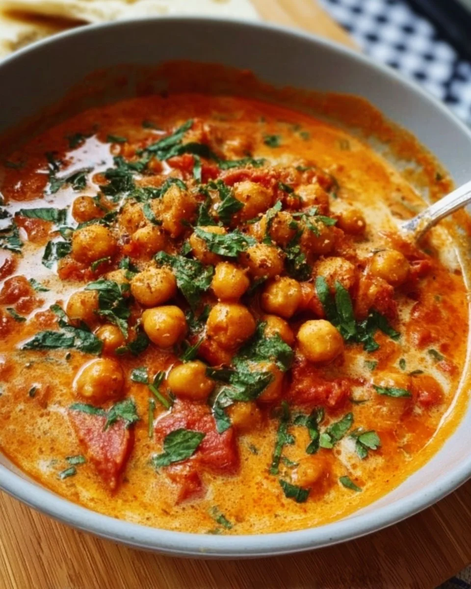 Creamy Harissa Chickpea Stew garnished with herbs in a bowl