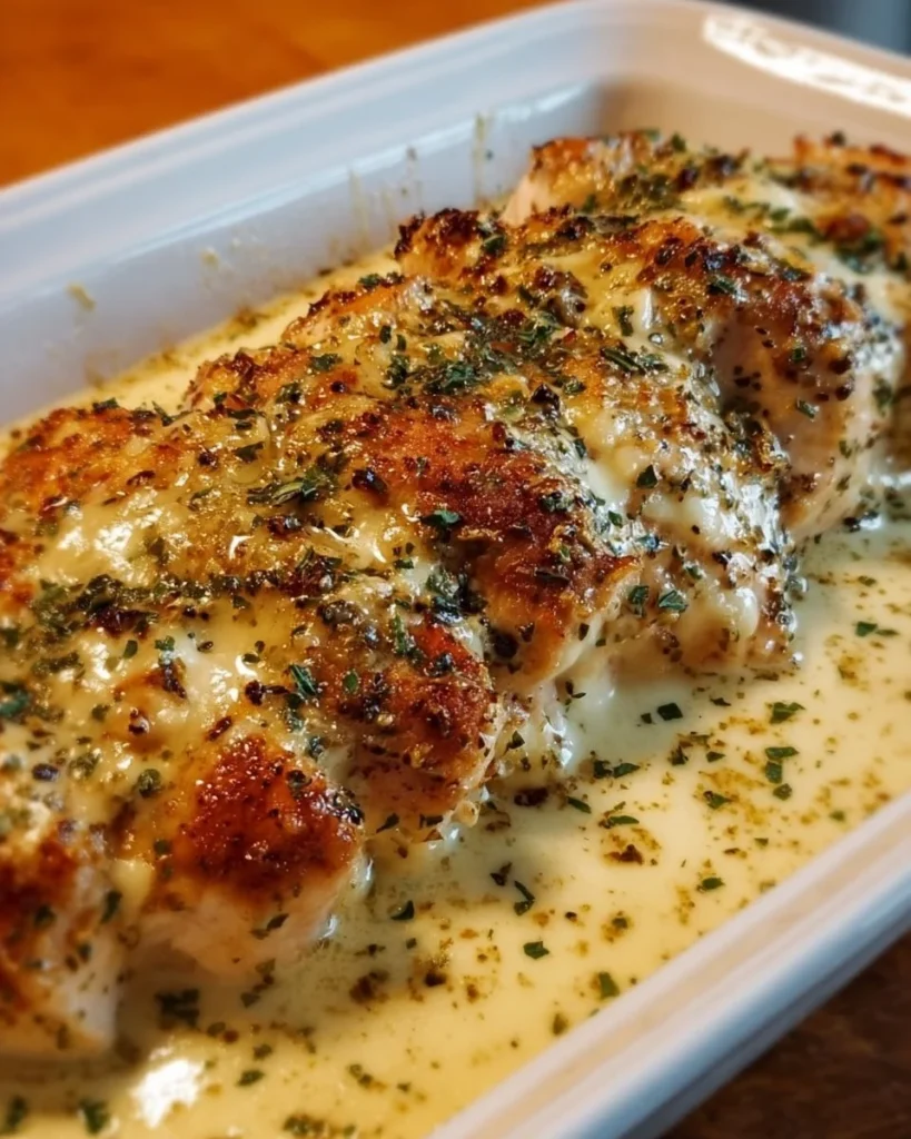 Delicious Creamy Parmesan Chicken Bake topped with herbs and cheese.