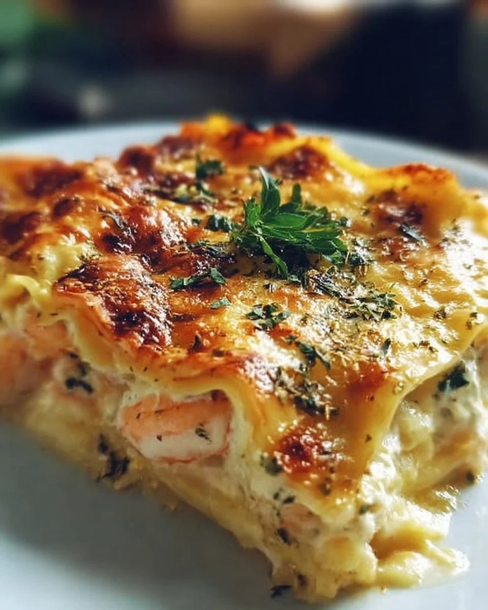 Creamy seafood lasagna topped with rich cheese and fresh seafood ingredients