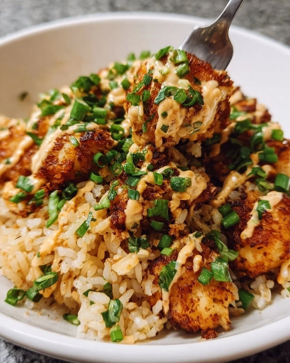 Crispy Cajun Chicken Rice Bowl topped with fresh vegetables and spices