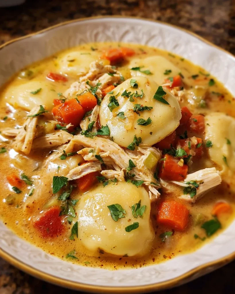 Crock Pot Chicken Pierogi Stew with chicken, pierogi, and vegetables in a bowl.