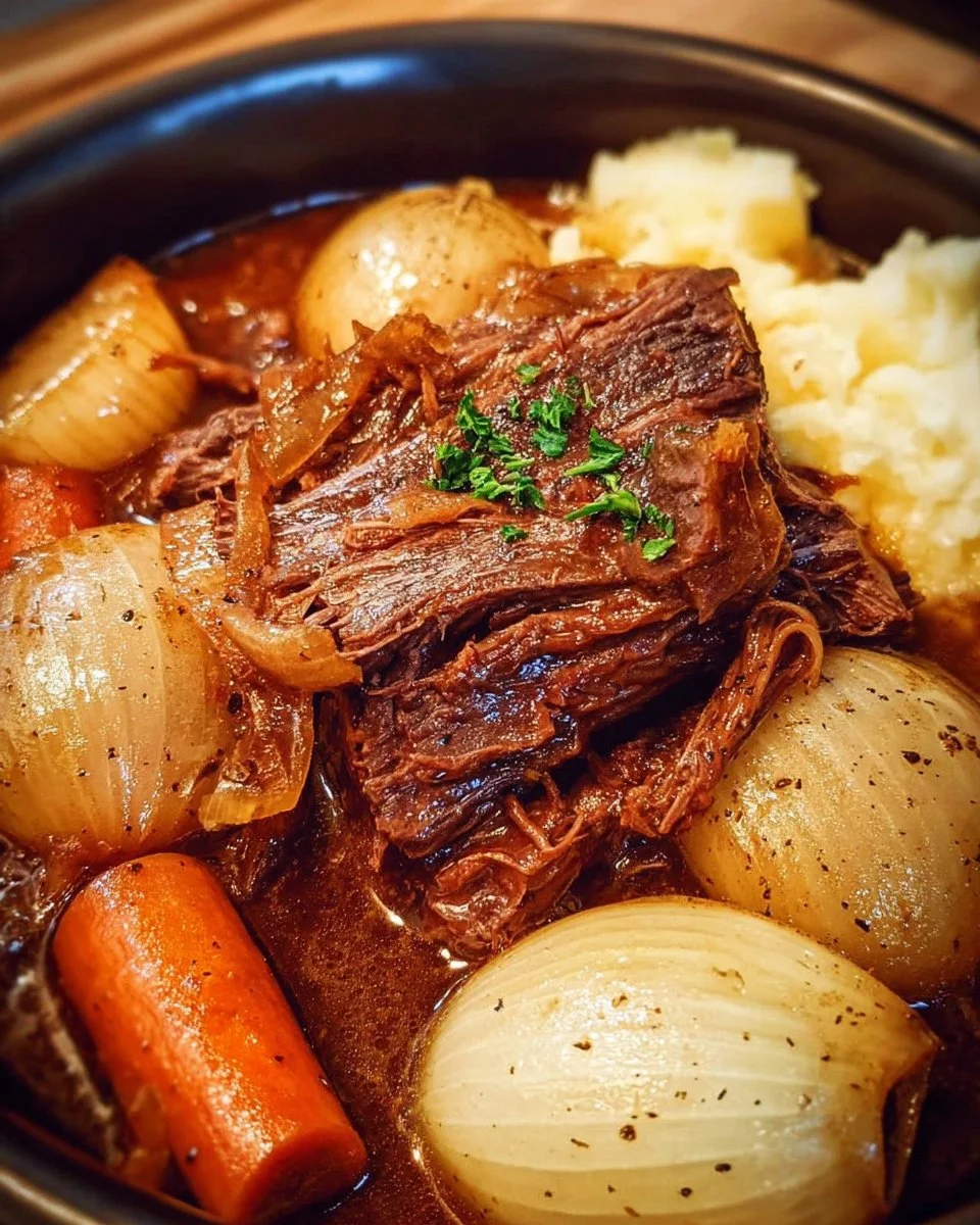 Delicious French onion pot roast cooking in a crock pot