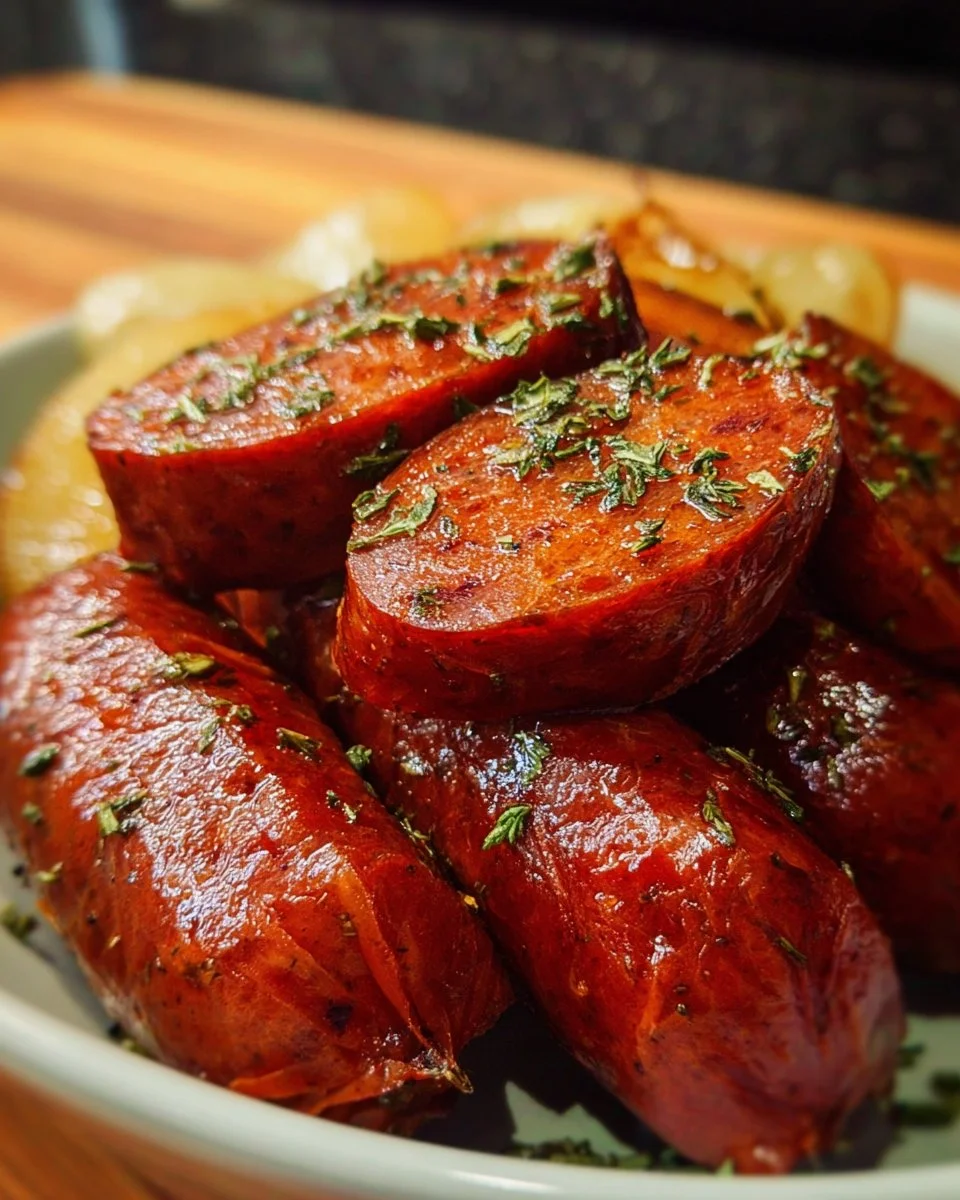 Crock Pot Mississippi Beef Sausage served with green peppers and seasoning