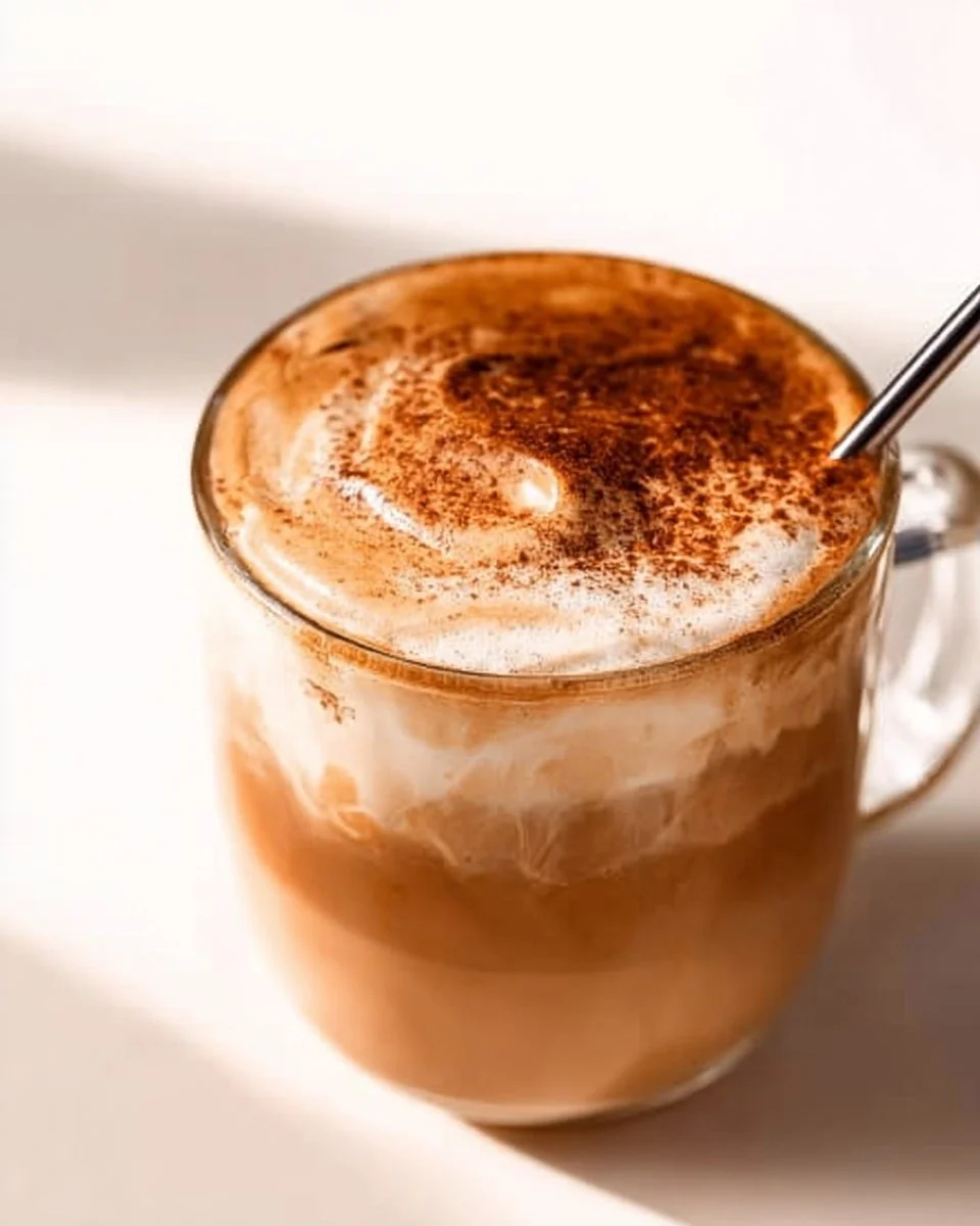 Whipped Dalgona Coffee served in a clear glass with a stainless steel spoon.