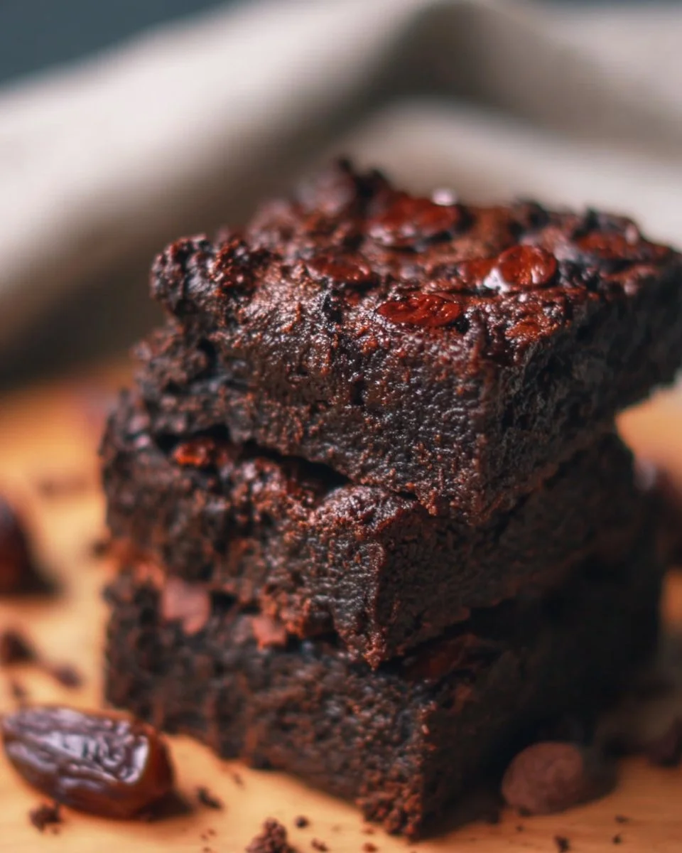 Delicious, fudgy date brownies topped with nuts, served on a plate.